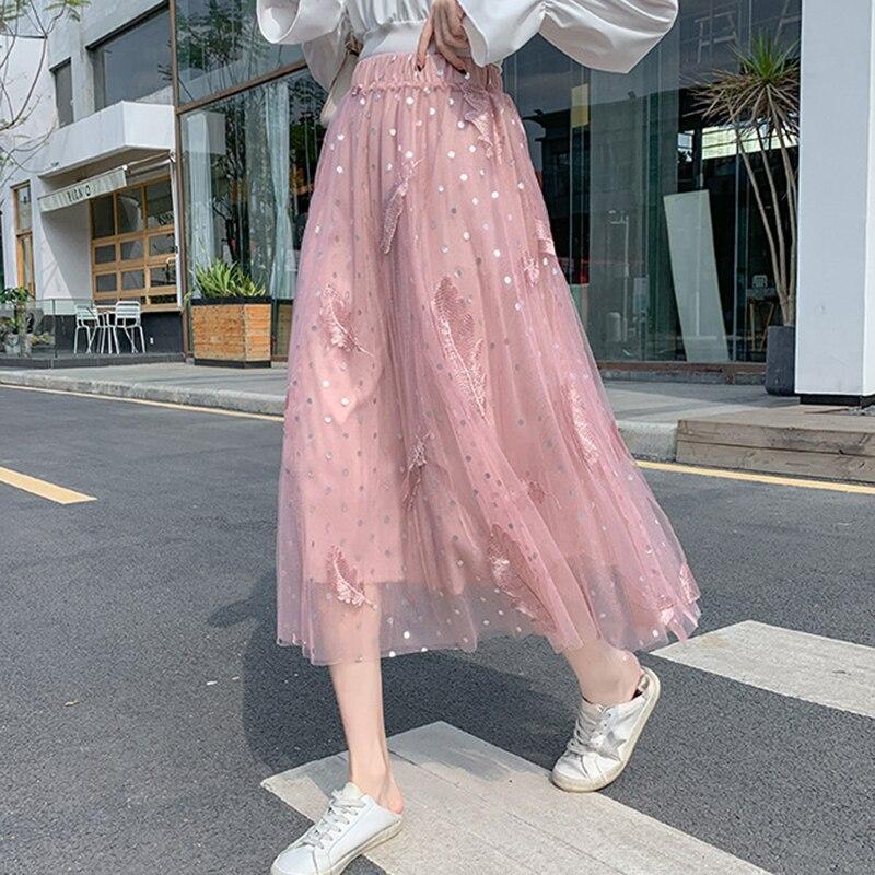 Qooth Polka Dot Midi Skirt Calf Length Tulle Skirt Embroidery Print with Paillette for Summer QT2108