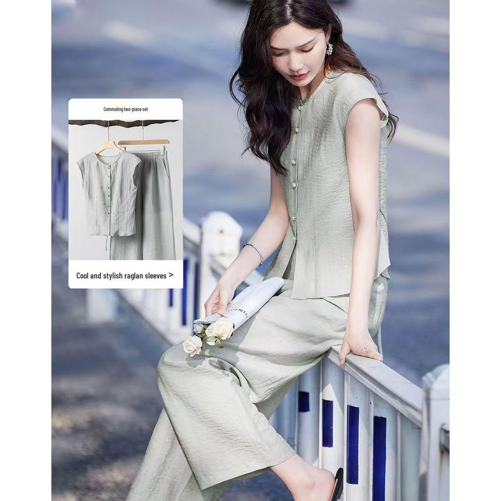 2026 Summer Casual Elegant Sleeveless Top & Pants Set - Light Commute, Loose Fit, Round Neck