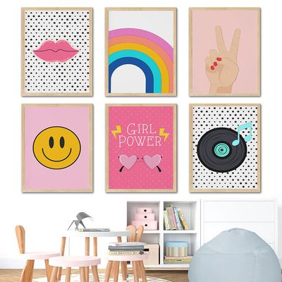 Punto Estético Retro Arte de Pared Póster Impresión Dibujo Animado Estilo Infantil Lindo Sonriente Arcoíris Pintura Lienzo Guardería Sala de Estar Decoración Hogar