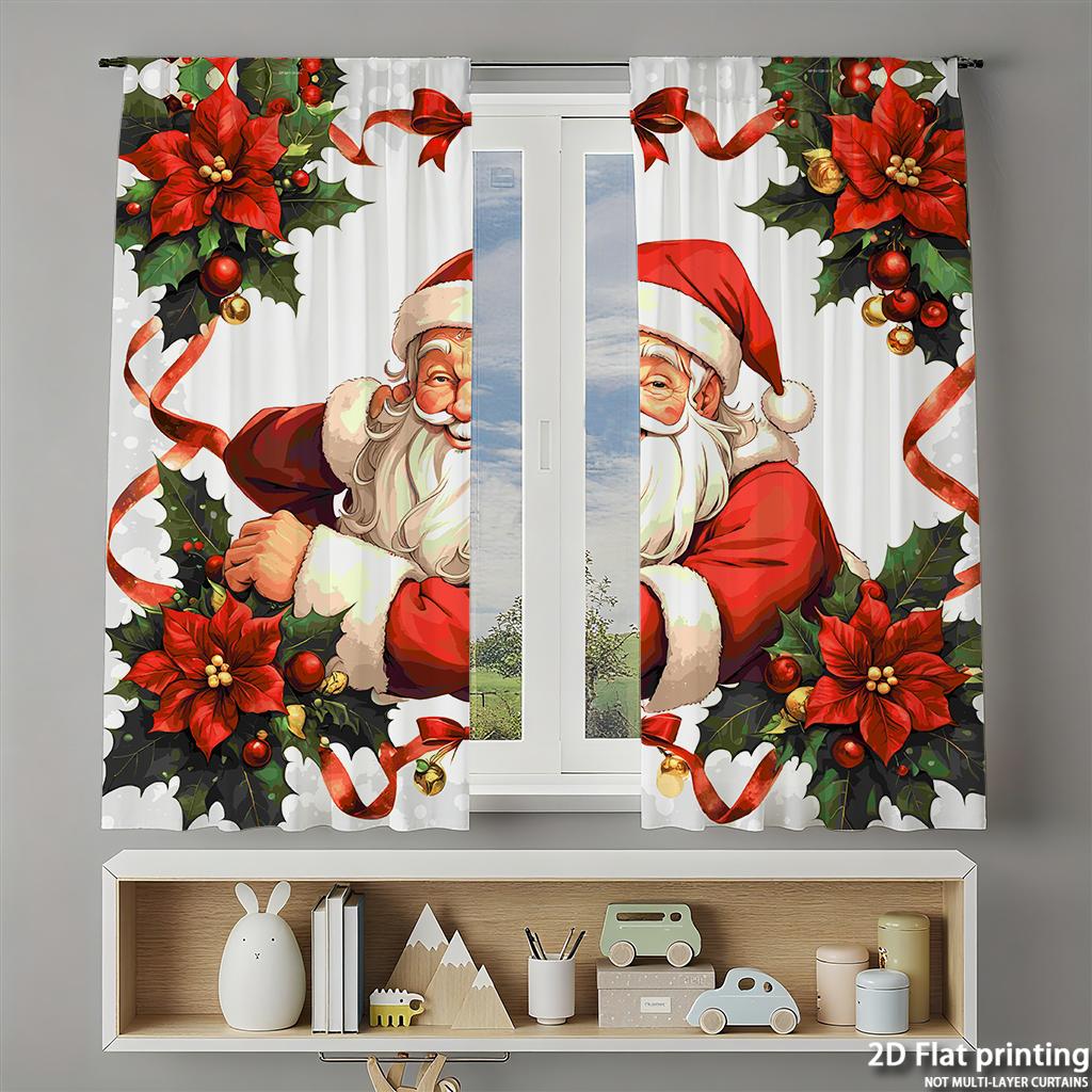 Piece Set High Definition Digital Printed Curtainschristmassantaredhollyflowersribbonhome Decoration Style Curtains Made Of Polyester