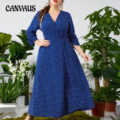 V-neck Floral Polka Dot Waist Dress Fall Temperament Plus Size Dress