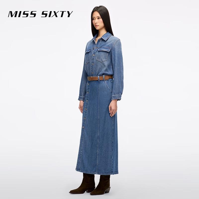 MISS SIXTY Women's Lyocell Denim Belted Long Workwear Dress