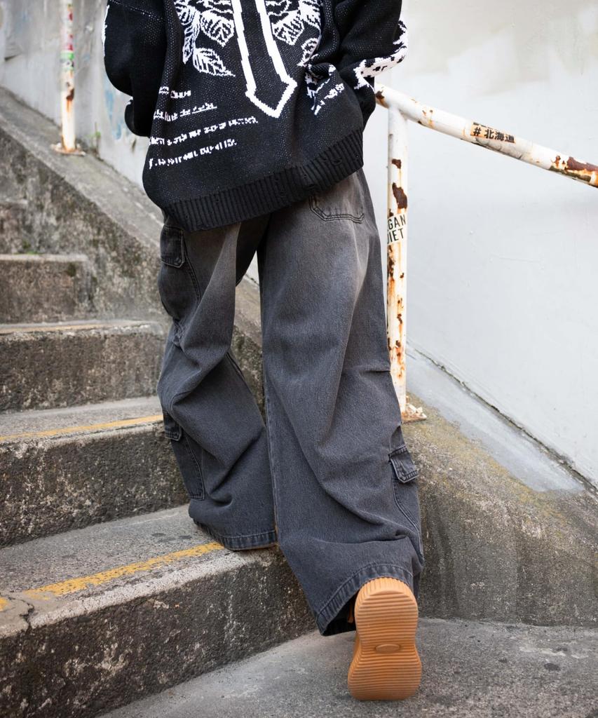 WEGO Vintage Wash Baggy Cargo Korean Dance Size Black Pants, Wide-Leg Trousers, Trousers, Bottoms, Streetwear, Casual, Style, Wear, Spring, Summer,
