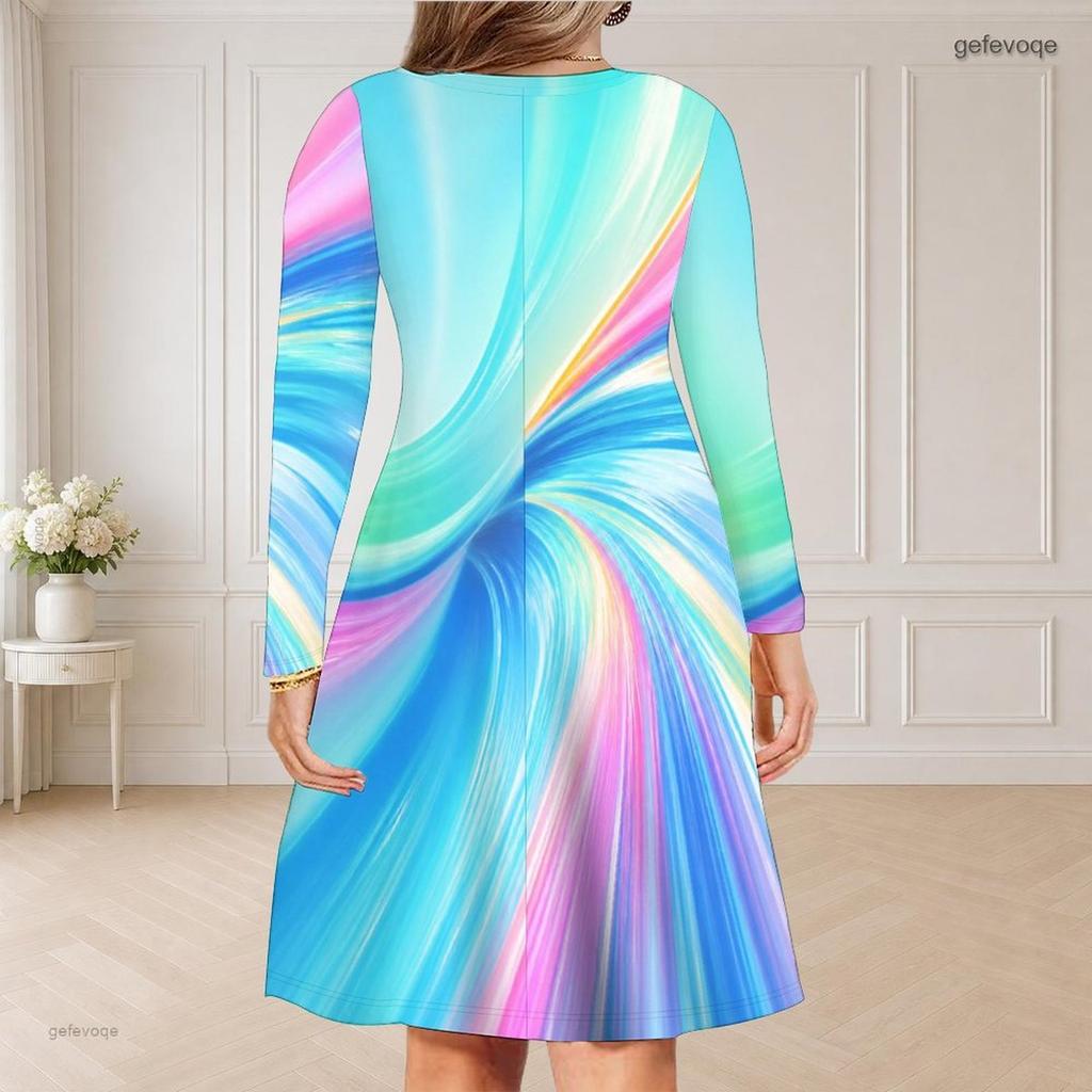 Women Plus Size V Neck Long Sleeve Colorful Swirl Printed Curved Hem Dress
