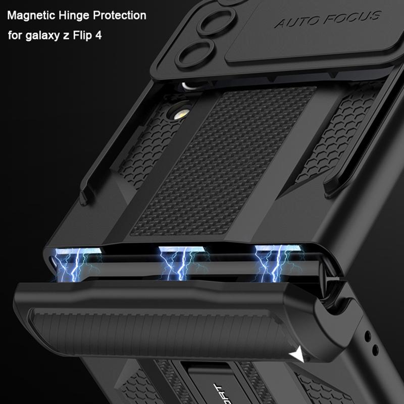 Magnetic Hinge Slide Lens Cover For Samsung Galaxy Z Flip 4 5g Case With Bracket Hard Shockproof Armor Case For Samsung Z Flip4