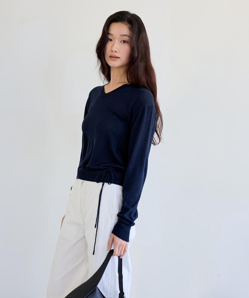 THEELO Strap Detail V-Neck Knit Top (Navy)