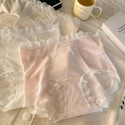 Übergröße Damen Süße Eis-Seide Sexy Spitze Schleife Spitze Hohl Einfach Bequem Atmungsaktiv Slips