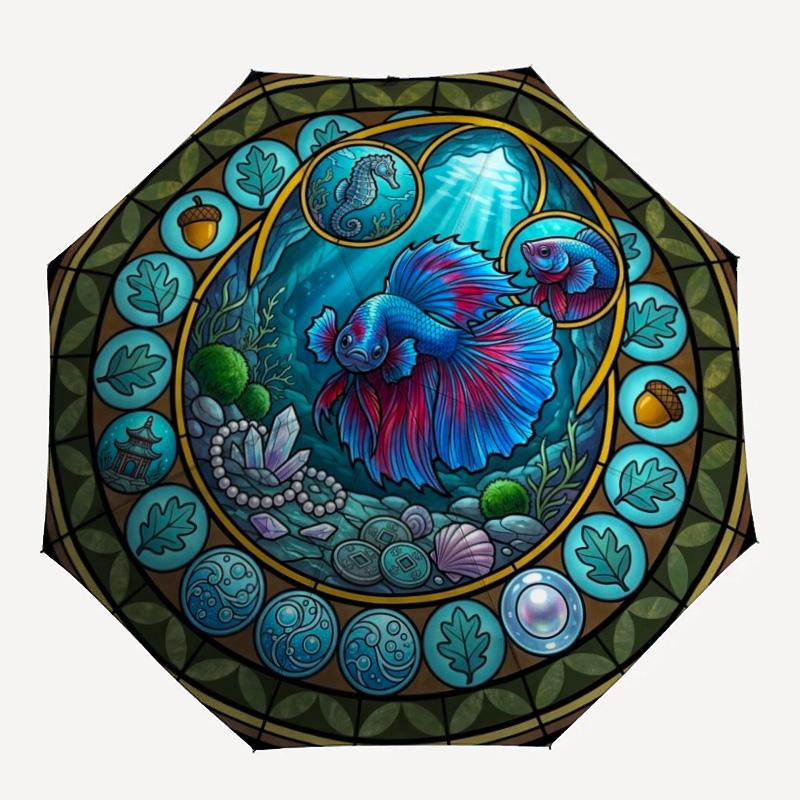 Underwater Fantasy Scene Pattern Umbrella, Portable and Foldable Design, 8 Ribs, a Casual Accessory for Halloween, Christmas, and Birthday Gifts.