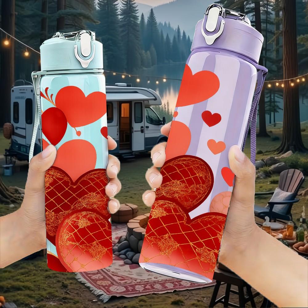 1PC Red Heart Rose Romantic Art Print 750ml Color Plastic Sports Water Bottle Leakproof Flip Straw Lid Suitable for Sports Office Home Use