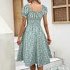 Women's Floral Print V-Neck Short Sleeve Dress, Ruffled Waist A-Line Skirt, Summer Casual Dress