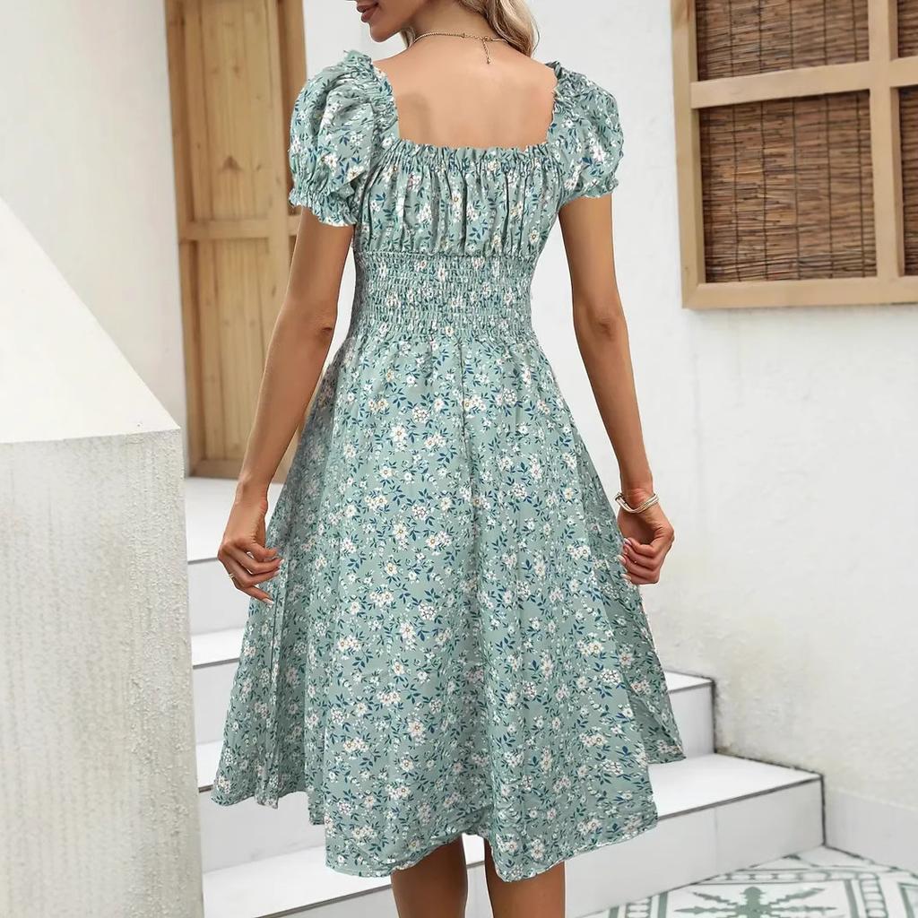 Women's Floral Print V-Neck Short Sleeve Dress, Ruffled Waist A-Line Skirt, Summer Casual Dress