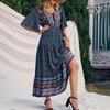 Summer Vacation Bohemian Dress Ethnic Style Patchwork A Line Maxi Dress Elastic Waist V Neck Short Sleeves Women Beach Dress Printing