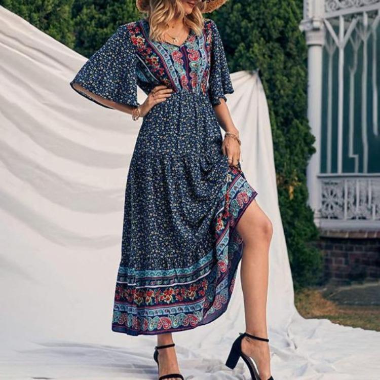 Summer Vacation Bohemian Dress Ethnic Style Patchwork A Line Maxi Dress Elastic Waist V Neck Short Sleeves Women Beach Dress Printing