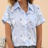 Summer Women Floral Print Short Sleeve Cotton Linen Blouse Turn Down Collar Single Breasted Tops White Yellow Blue Casual Shirt