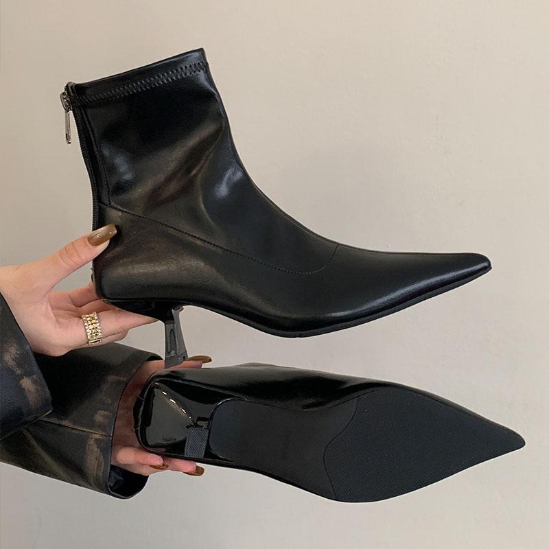 Mode Mode Spitzschuh Damen Moderne Kurze Stiefel mit Absätzen Schuhe Reißverschlüsse Damen Knöchel Stretch Stiefel Damen Pumps Schuhe