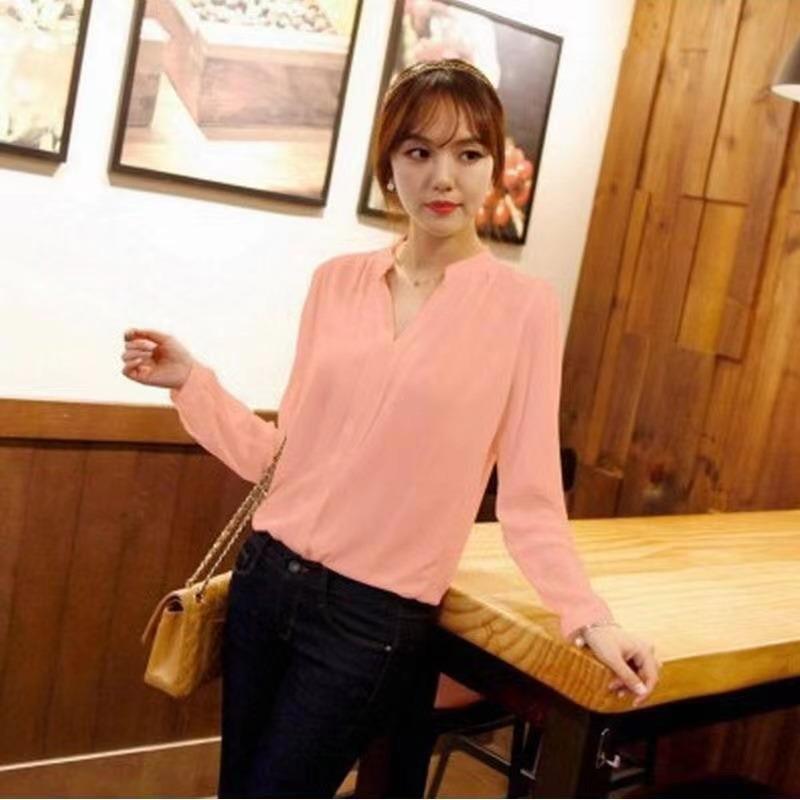 Frauen Arbeitskleidung Bluse Einfarbig Langarm V-Ausschnitt Frühling Herbst Lässige Lose Shirts
