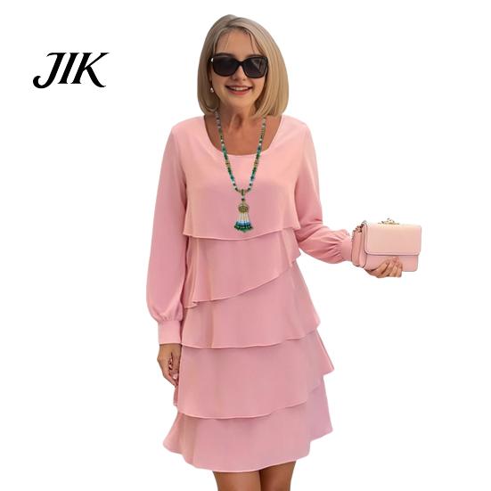 Einfarbiges Kleid Lagenlook Chiffon für Damen Langarm Rundhalsausschnitt Alltagskleidung Rüsche Stufenförmig Fließend Lässig Hochzeitsgast