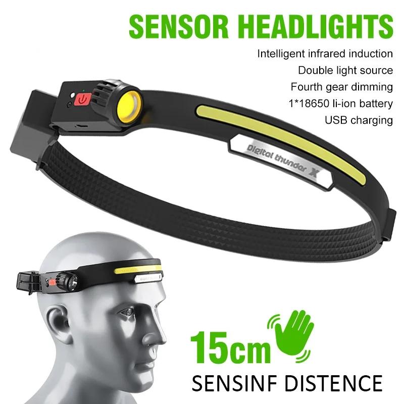 USB Rechargeable LED Headlamp COB Sensor Headlight With Built-in Battery Head Torch Outdoor Super Bright Camping Fishing Lamp