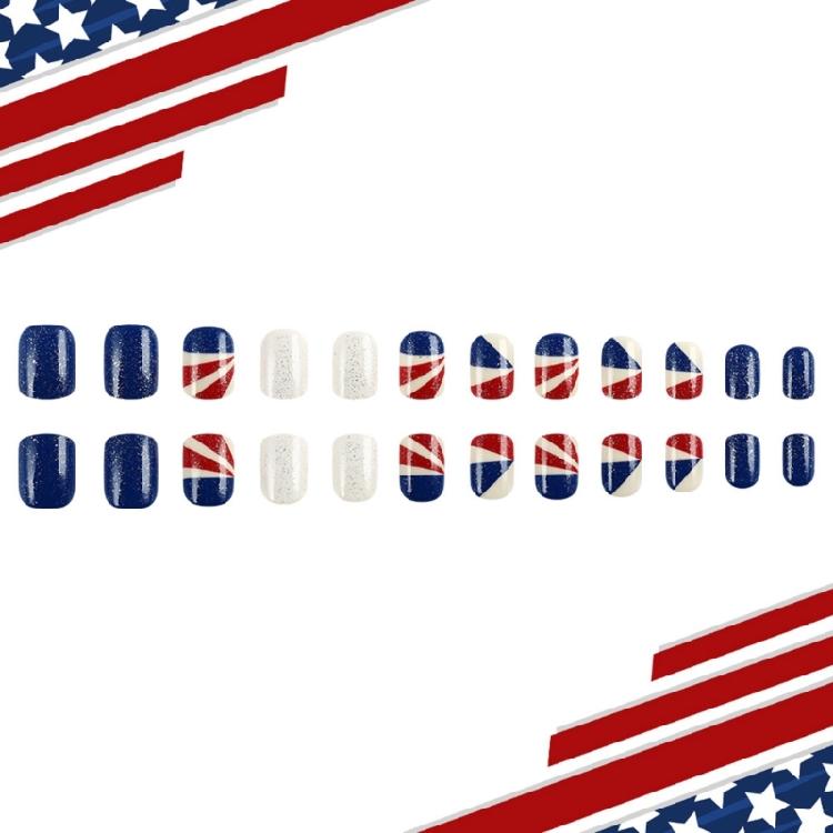Modne paznokcie na klej 24 sztuki Krótkie kwadratowe sztuczne paznokcie Manicure Dekoracje do paznokci z brokatem na Dzień Niepodległości i nie tylko