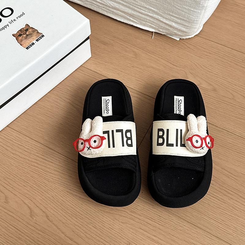 Fashion Thick-soled Velcro One-word Slippers Summer Cartoon Cute Casual Outer Wear Simple Girls Flat-bottomed Cool Slippers