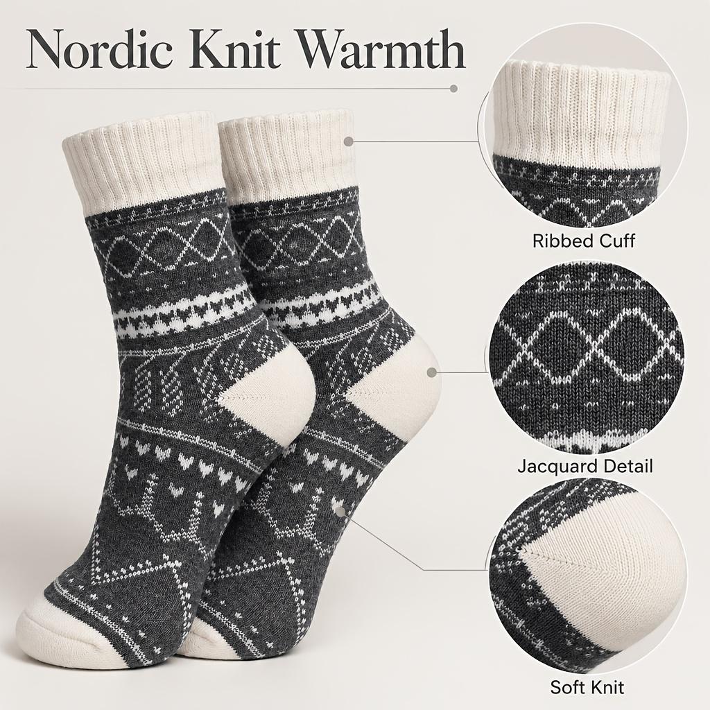 5 Pairs Women's Winter Warm Crew Socks, Thick Jacquard Socks with Vintage Geometric Pattern, Soft Thermal Cozy Socks