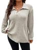 2023 Autumn/Winter Women's Plus Size V-Neck Ribbed Long Sleeve Brushed T-Shirt