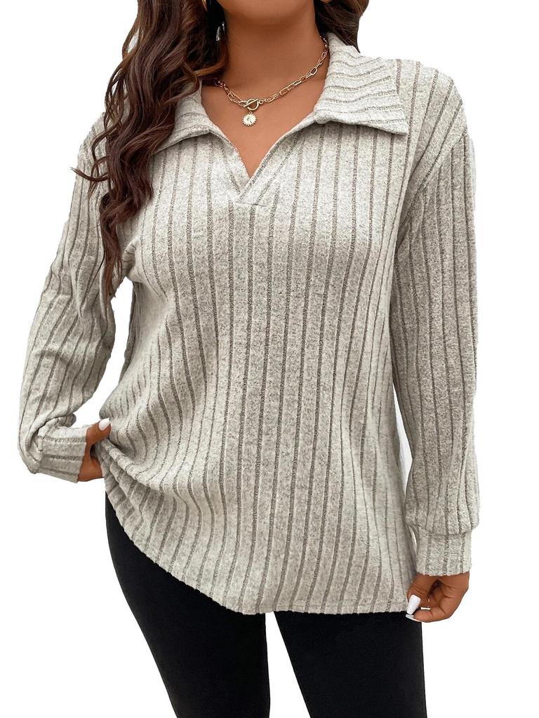 2023 Autumn/Winter Women's Plus Size V-Neck Ribbed Long Sleeve Brushed T-Shirt