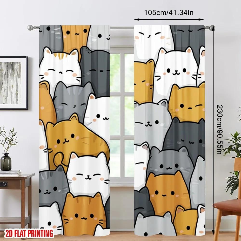 JIT 2pcs Cute Kitten Printed Curtains   Design Drapes   Shading Polyester Window Treatments for Kids Room   Home Decor   Rod Pocket