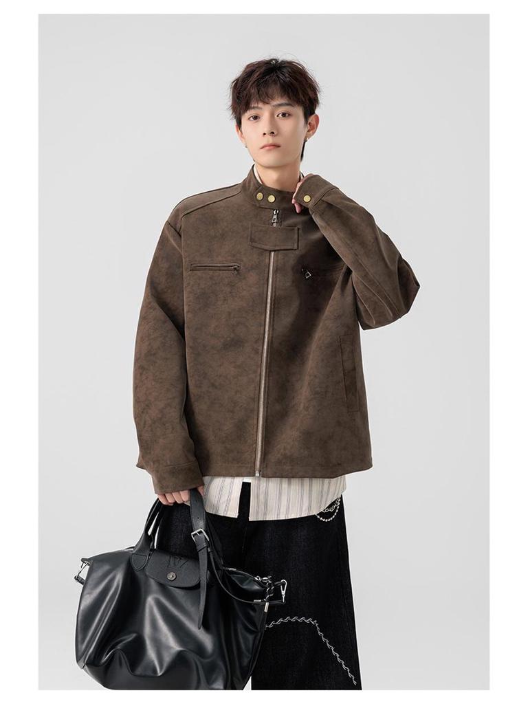 Men's Retro American Tie-Dye PU Leather Jacket - Warm, Trendy, Stand-Up Collar for Autumn