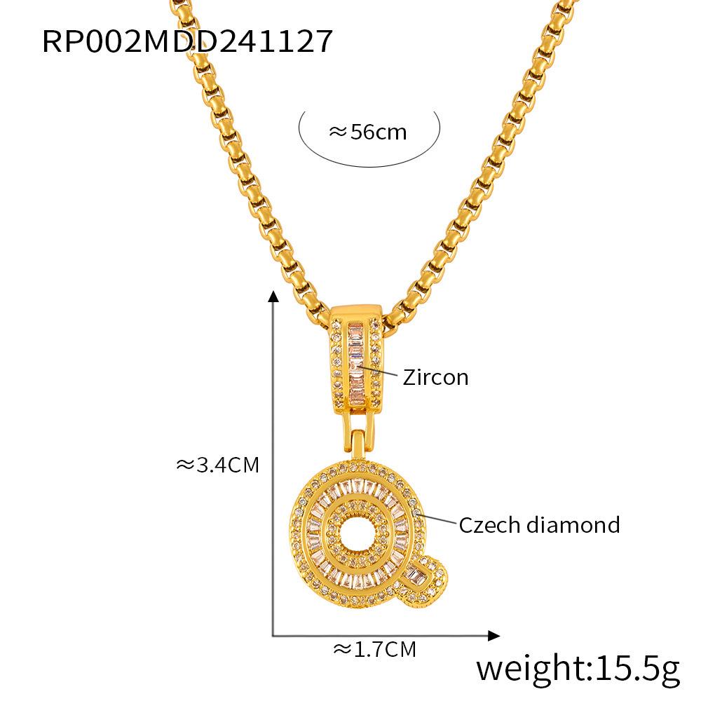 Minimalist Letter Inlaid Diamond Copper Pendant Necklace with Long Box Chain in Gold-Plated Titanium Steel