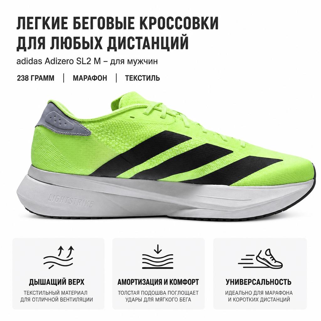 adidas Adizero SL2 Soft Comfortable Non-Slip Durable Low-Top Running Shoes Men Sneakers Green JI2984