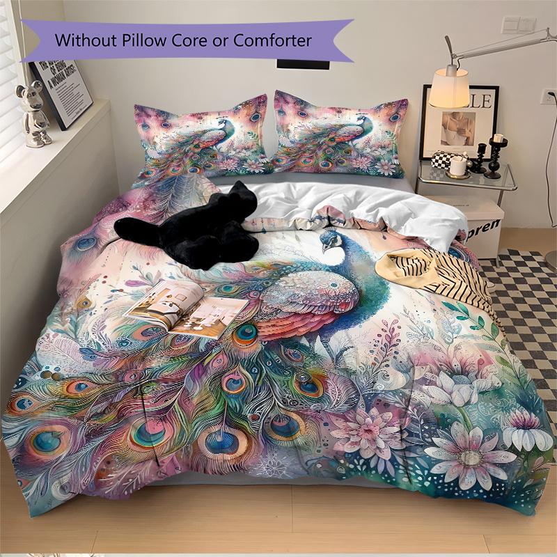 3pcs Peacock & Flowers Printed Quilt Set - Includes 1 Quilt Cover and