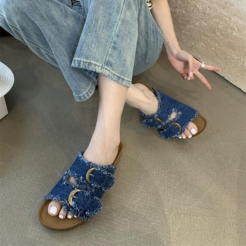 Summer 2025 New Fashion Thick-soled Denim Casual Beach Shoes with Belt Buckle-exposed Toes, Korean-style Flip-flops for Women