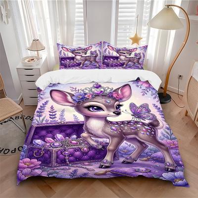 Fantasy Deer Lavender Garden Print 3Pcs Bedding Setduvet Cover With 2 Bedropillowcase Home Birthday Gift