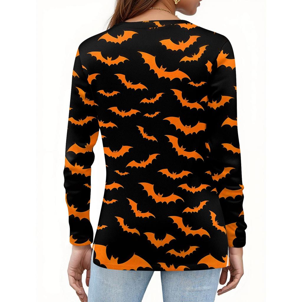 Damenmode Lässig Schlitzsaum Rundhals Langarm Locker Halloween Bedrucktes T-Shirt Damenoberteil