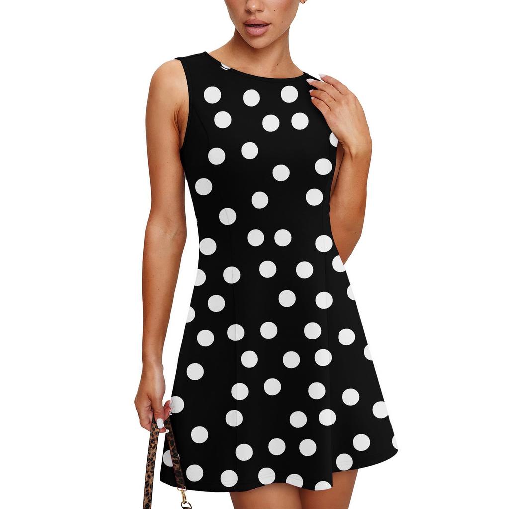Women's Summer Dress Casual Sleeveless Round Neck Polka Dot Printed Vest Sundress