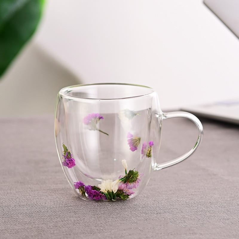 250ml Double Wall Coffee Mug Flower Filler Glass Cups Tea Coffee Cup With Handles Heat Resistant Mug Gift
