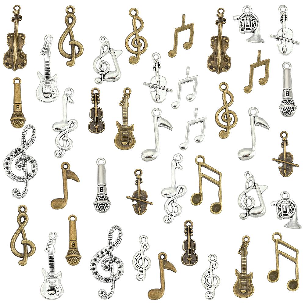 Tibetan Style Alloy Pendants Musical Theme DIY Jewelry Bracelet Necklace Accessories Mixed Shape Mixed Color 18.5~32x7.3~14.5x1.5~6.5mm