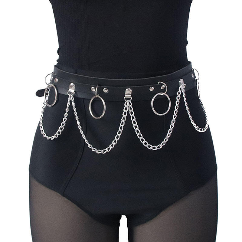 Gothic hip-hop Style With Silver Chain Waist Accessory Ladies' Fashion Belt Restraint Belt Leather Rivet Waist Chain Belts