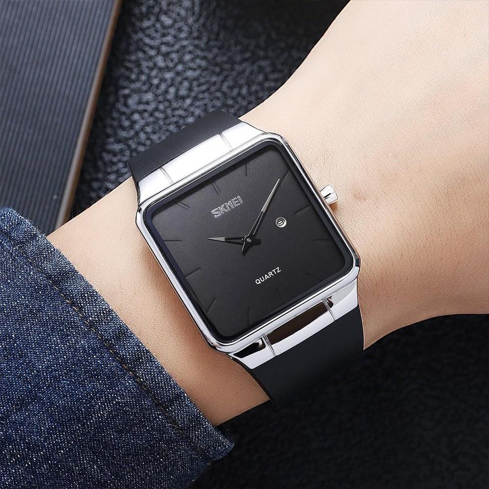 Skmei Men's Square Wristwatch Leather Belt Black Simple Slim Stylish Waterproof Business Casual Silver Black Gift