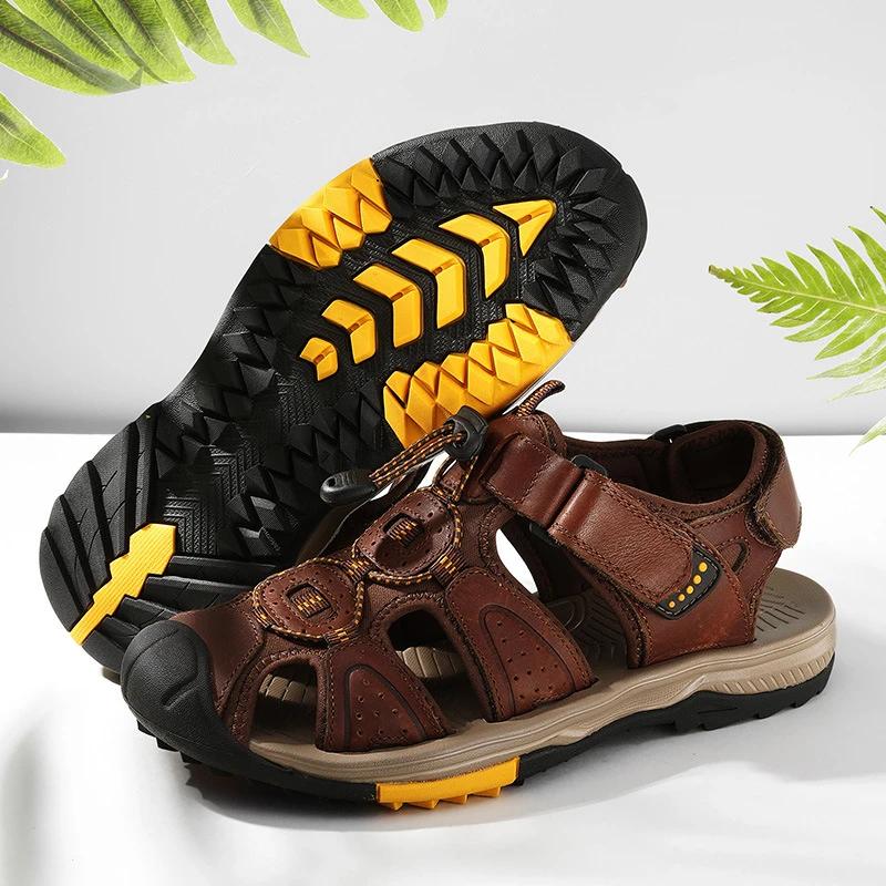 Fashion Summer Men's Top Layer Cowhide Bag-Toe Casual Outdoor Beach Sandals Comfortable Velcro Non-Slip Breathable Zapatillas Hombre