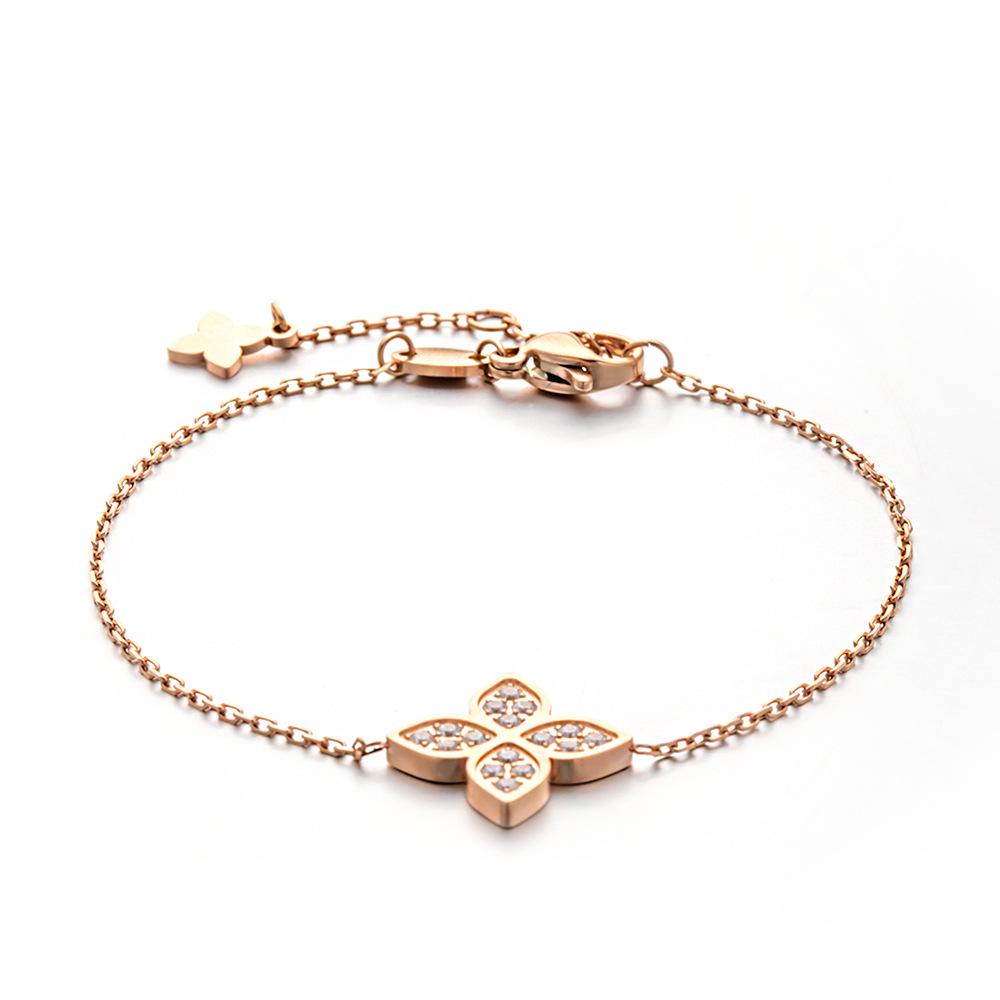 Korean Sweet Floral Four-Leaf Clover Zircon Copper Bracelet - Fashionable & Elegant for Women розового золота
