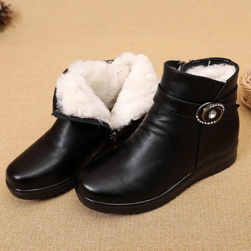 Winter Boots Women Genuine Leather Warm Ankle Boots Mom Autumn Plush Wedge Shoes Woman Shoes Big Size 34-42