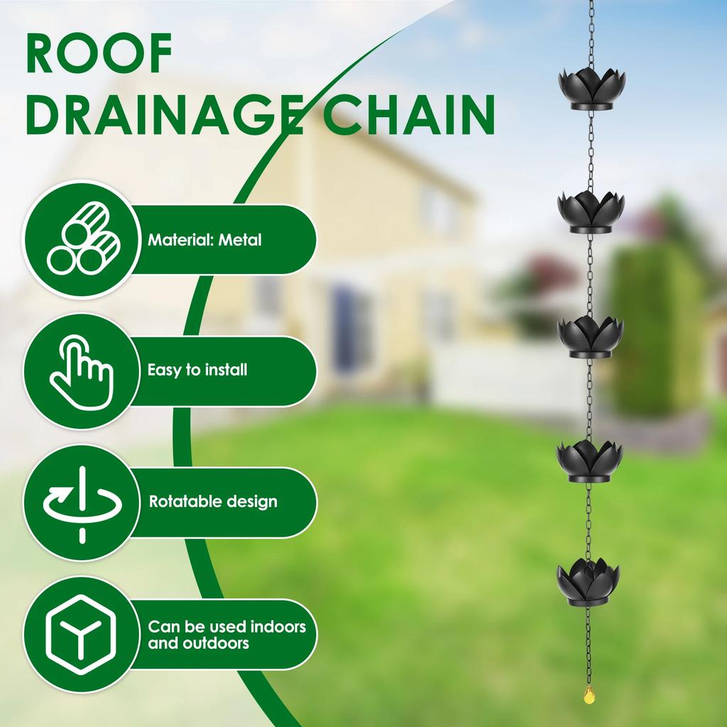 Rain Catcher Chain Metal Imitation Water Lily Rain Chain with Hook Adjustable Length Rain Chain Cup for Gutter Downspout Outdoor