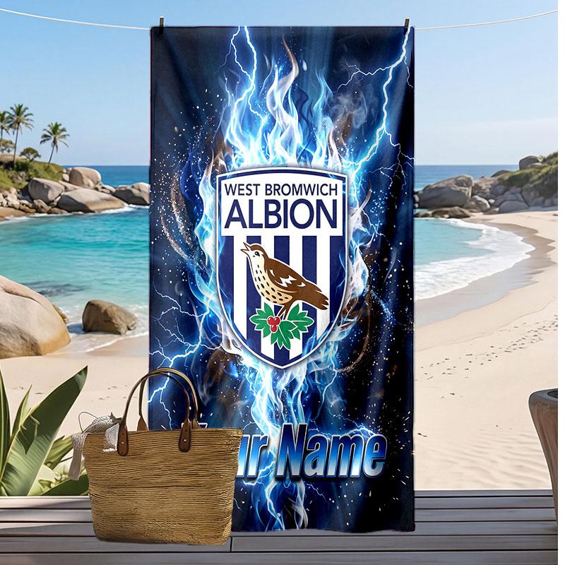 West Bromwich Albion FC Personalized Printed Beach Towel Soccer Logo Support Custom Name Text Absorbent Towel For Sport Travel Special Gift
