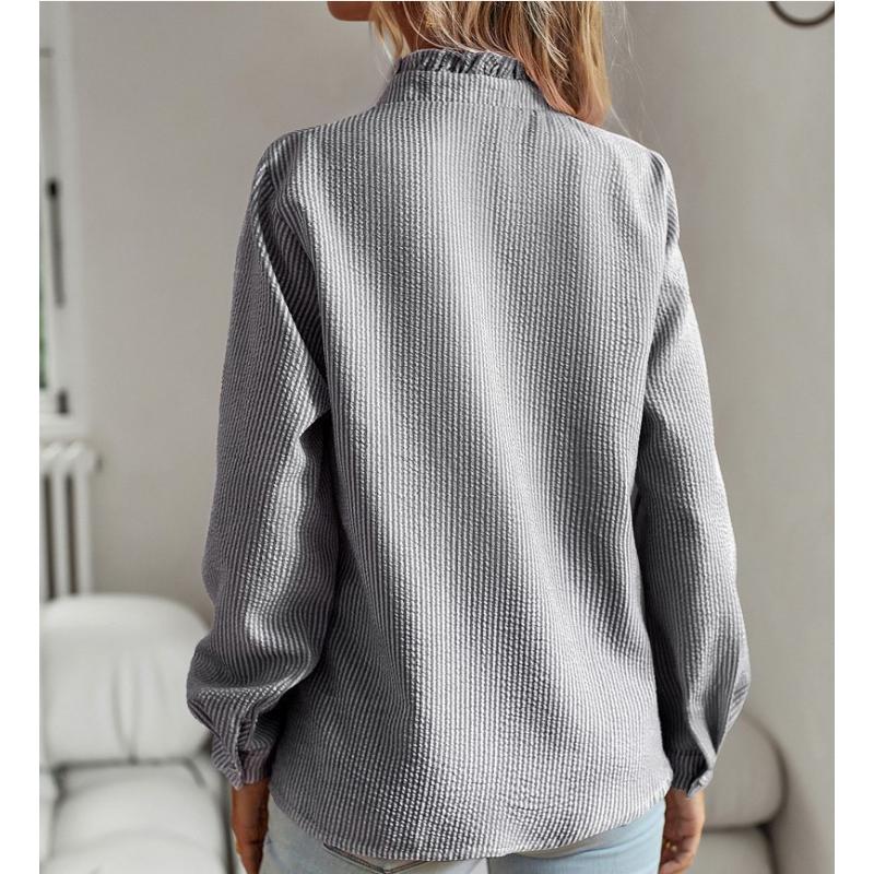 Women's Autumn Ruffle Placket Long Sleeve Blouse Striped Button Down Stand Collar Crinkled Casual Office Daily Wear Shirt Top