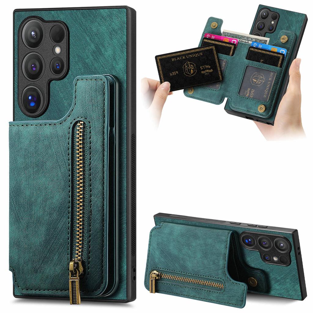 D15 For Samsung Galaxy S24 Ultra Case Card Slot Leather+TPU Zipper Kickstand Retro Phone Cover