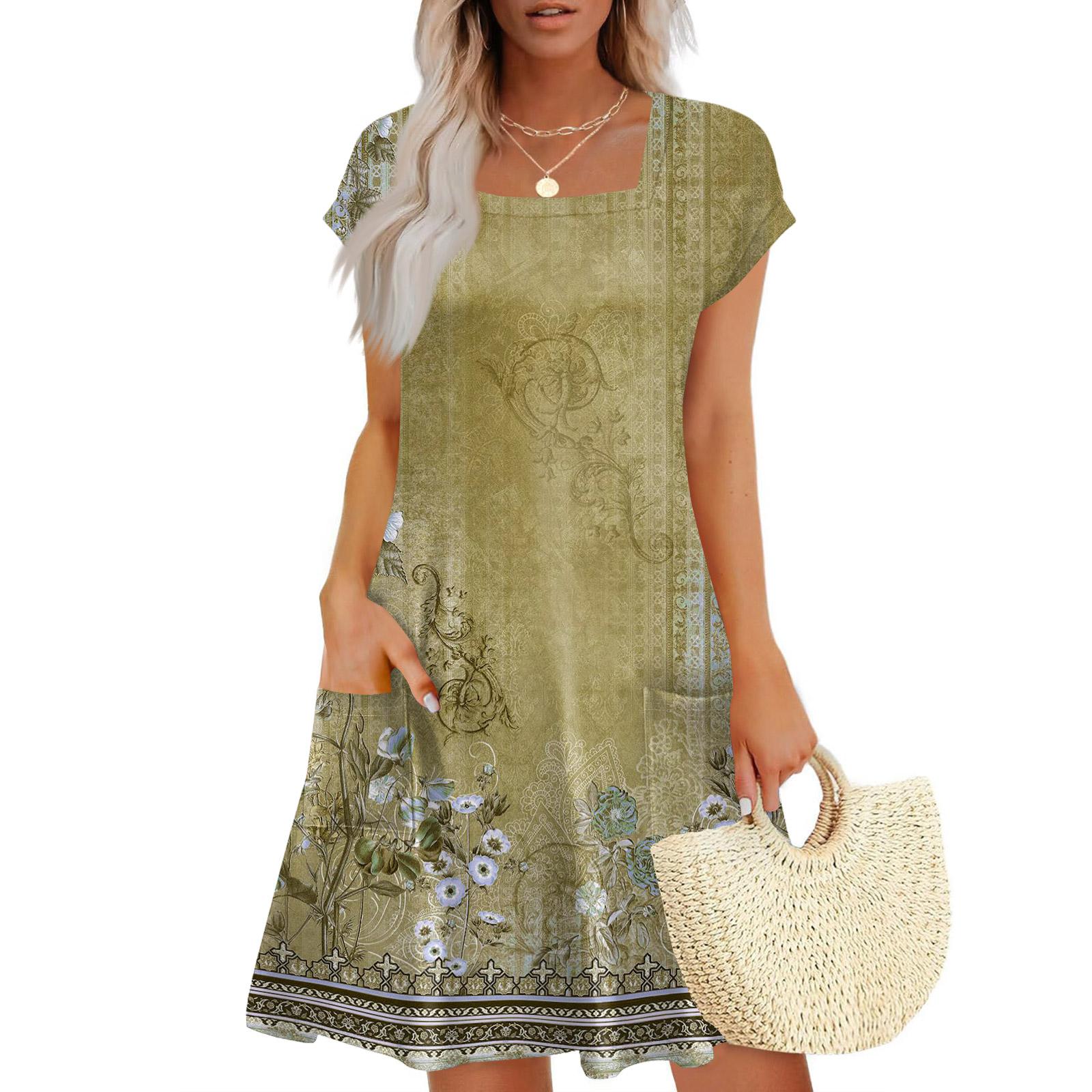 

Летние платья для женщин свободного кроя с квадратным вырезом, с рукавами-фонариками, повседневные, пляжные, для отпуска, платье-футболка, сарафаны с карманами M