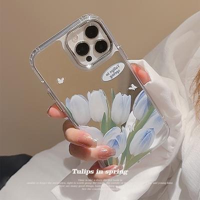 Mild Temperament Blå Tulpan för IPhone16 för 17promax för Apple 15 Mobiltelefonfodral Blomma Sminkspegel 11 Hård