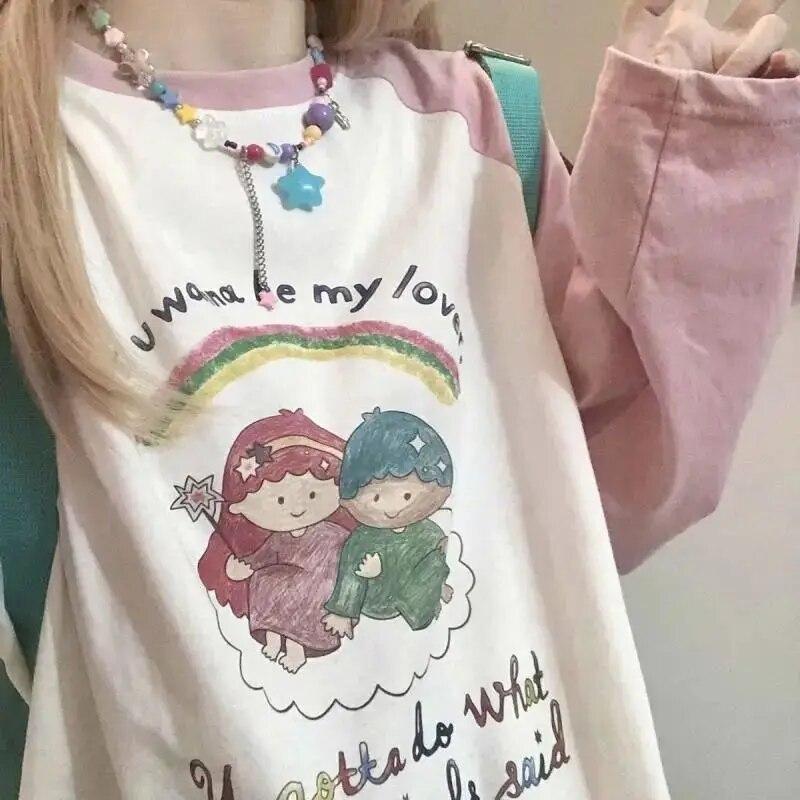 T-Shirt Long Sleeves Clothes Women Cute Cartoon Rainbow Print Long Sleeve T-Shirt Y2k Loose Casual Contrast Girls Tee Tops